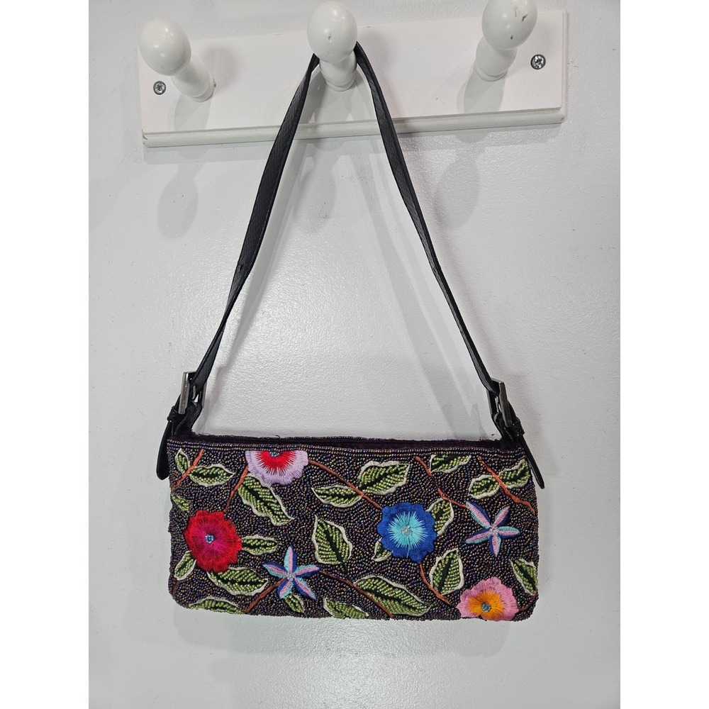 New Coast Handbags Beaded Floral Embroidered Baguette Shoulder Bag Black Multi